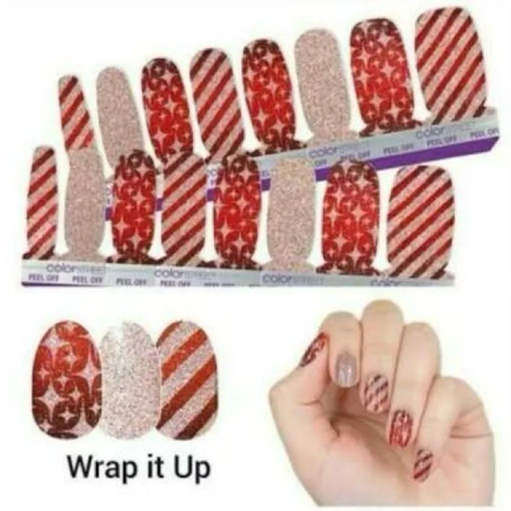 Color Street Retired WRAP IT UP Red and Silver Glitter Stripes Nail Set